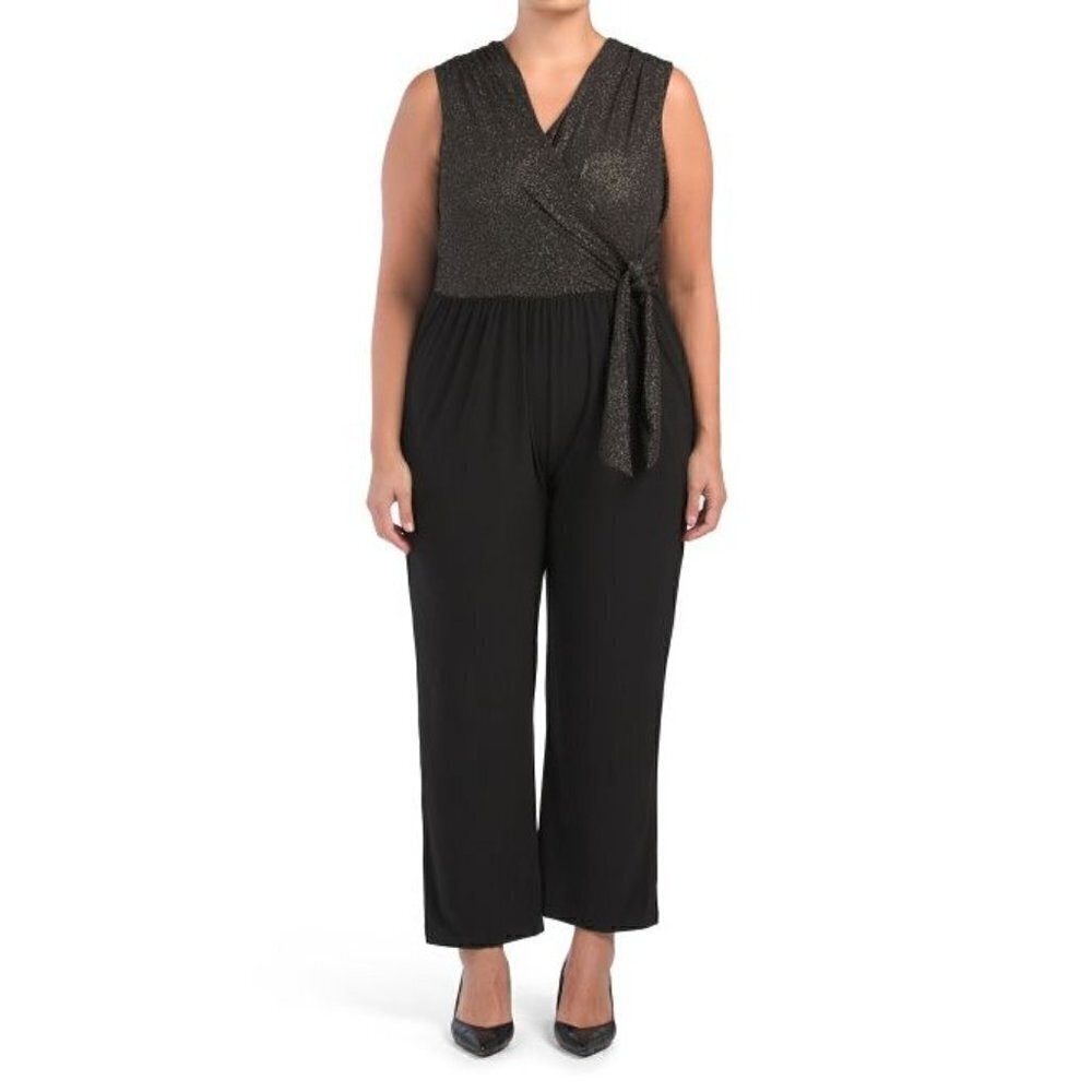 Faux Wrap Glitter Top Jumpsuit Black Gold | Size 1X